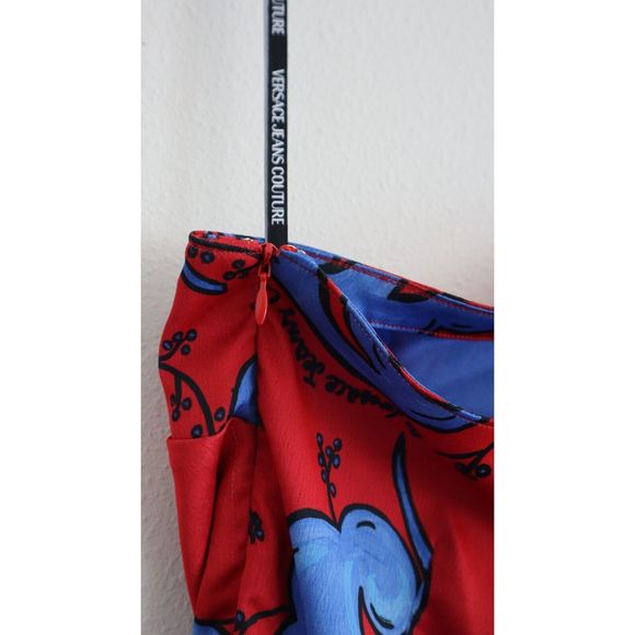 Versace Jeans Couture Sz 6 Red/Blue One Shoulder Envers Satin Print Dress - Picture 4 of 11